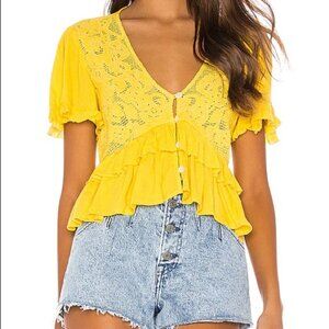 Cleobella Lace Ruffle Crop Top Blouse Sheer Yellow Women’s Size Medium